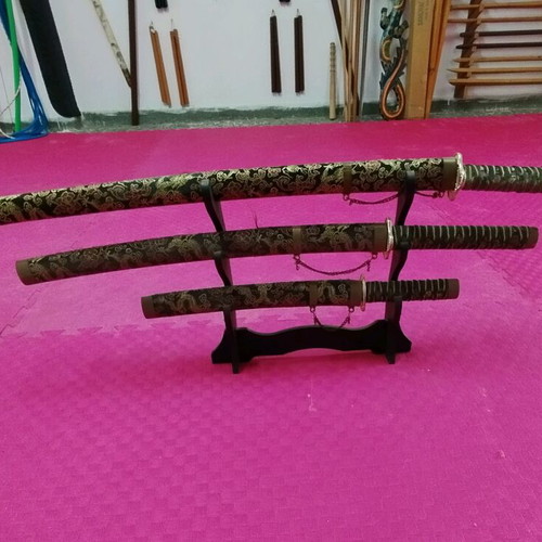 Set of 3 Japanese decorative swords with wall display stand