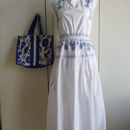 Zara βαμβακερό φόρεμα με μπλε κέντημα, ελληνικό στυλ, XS