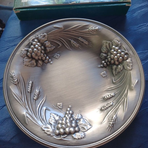 Metal Decorative Plate with Embossed Grapes and Wheat used, with box