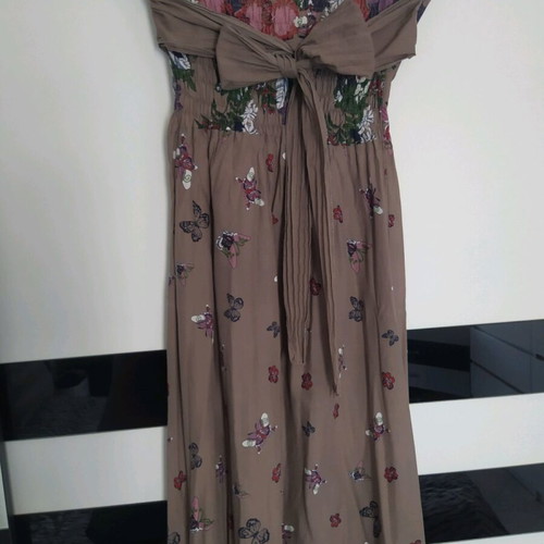 Long strapless dress like new, brown with colorful floral and butterfly patterns, sizes S/M