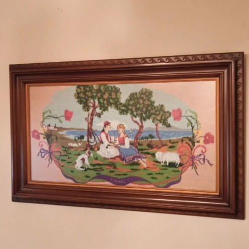 Vintage Handmade Gobelin Embroidery in Solid Walnut Frame 120 x 55