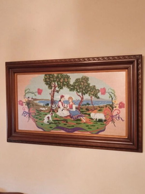 Vintage Handmade Gobelin Embroidery in Solid Walnut Frame 120 x 55