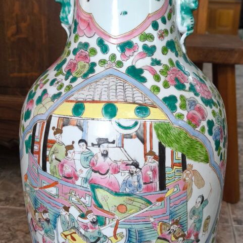 Pair of large Chinese porcelain vases with wooden stands, 1970s