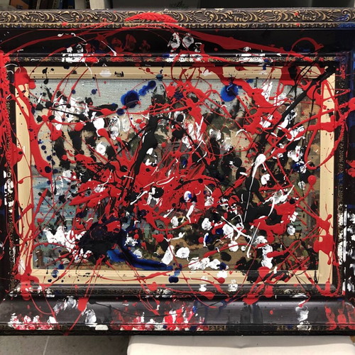Original painting abstract mixed media with carved gilt frame