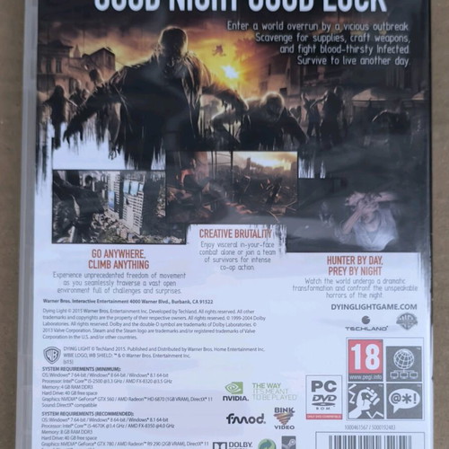 Dying Light PC DVD-ROM like new, Warner Bros Techland