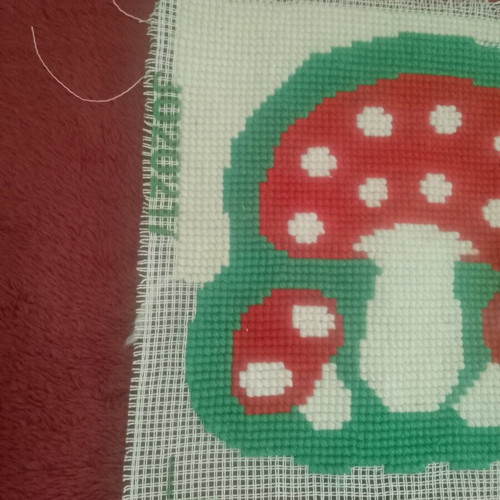 Mushroom embroidery used, 80% completed crochet on 40x40 cm canvas