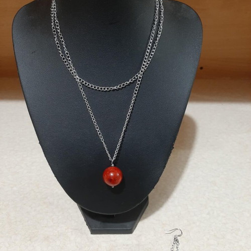 Necklace and earrings with coral in steel, new, 70 cm long