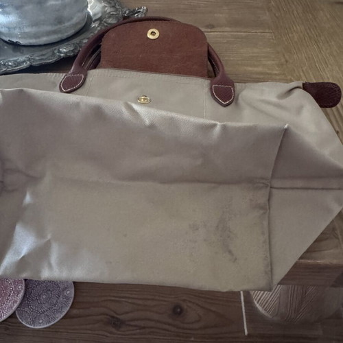 Longchamp Le Pliage handbag used, beige with brown leather details
