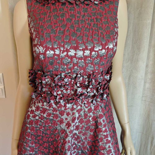 Vintage cocktail dress, Bordeaux silver jacquard, Small