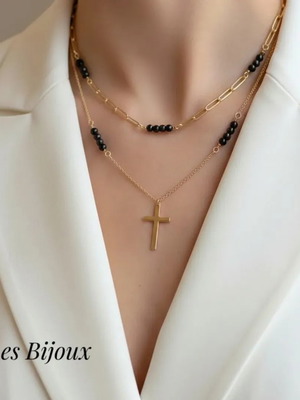 Double Gold Necklace with Black Beads and Cross new