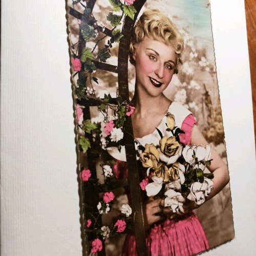 Vintage French card postal used with hand-colored woman photo