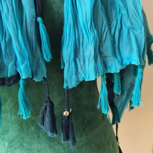 Large scarf like new, blue and turquoise with decorative tassels