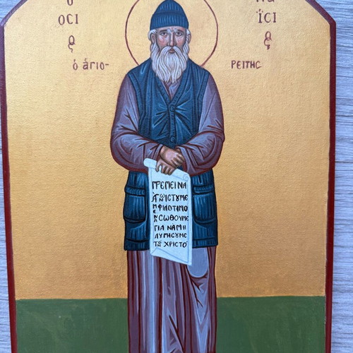 Handmade painted icon of Saint Paisios with gold detailing 22x31