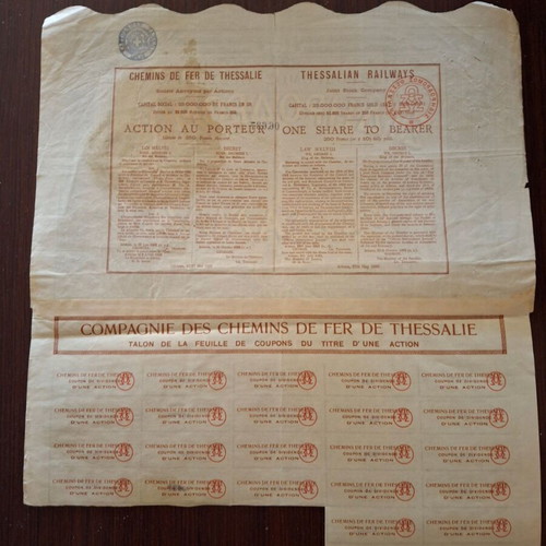 Sidirodromos Thessalias 1886 stock certificate