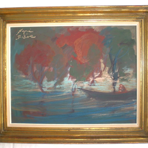 Authentic seascape painting mother and child used, mixed media by Chara Vienna