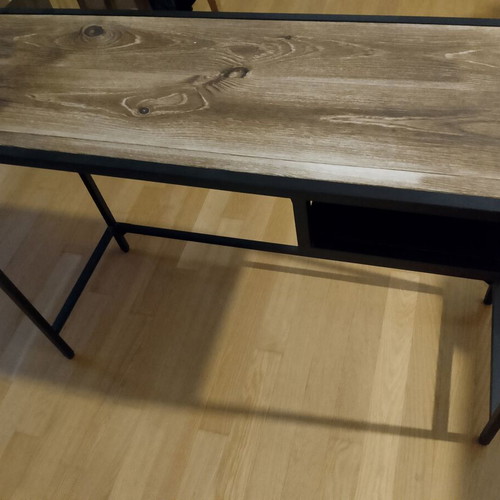 Mini console table like new, metal frame with wood effect glass top