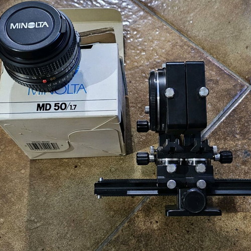 Minolta focusing rail and used MD 50mm macro lens