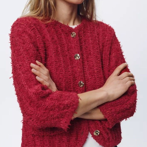 Zara women's boucle cardigan red with gold buttons size XL new