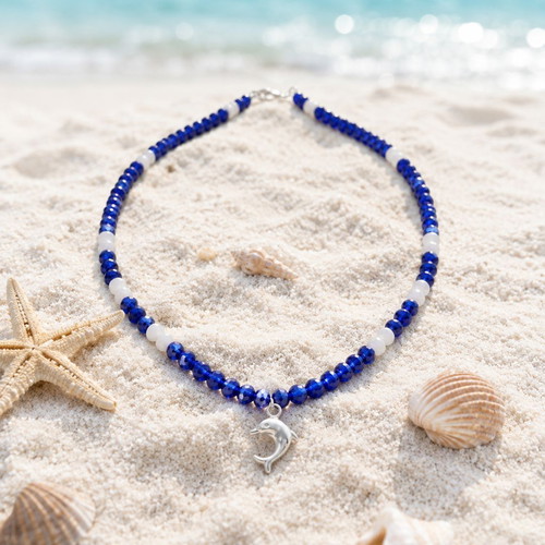 Handmade Sea Dolphin Necklace with Beads, Crystals and Silver Pendant
