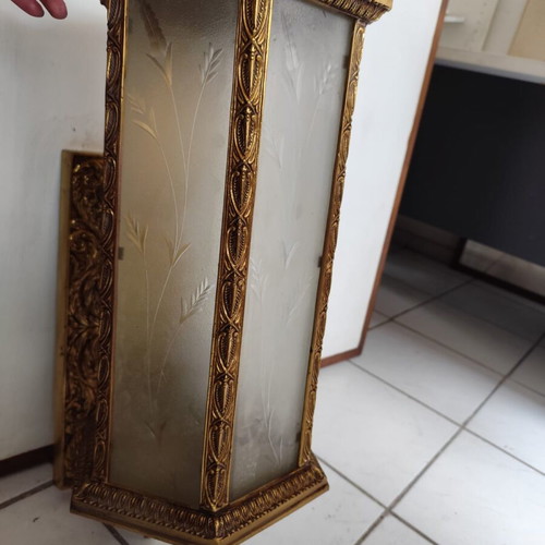 Vintage wall lamp with carved glass and golden metal frame like new