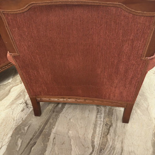 Classic armchairs set of 2 used, wooden frame, terracotta upholstery