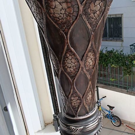 Table lamp with silk shade and carved base
