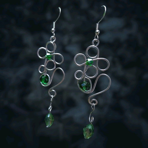 Wire-Worked Botanical Earrings new, silver and green