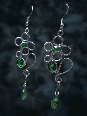 Wire-Worked Botanical Earrings new, silver and green