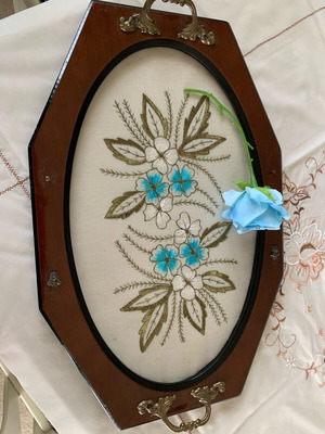 Wooden tray with embroidery used, vintage 1970s
