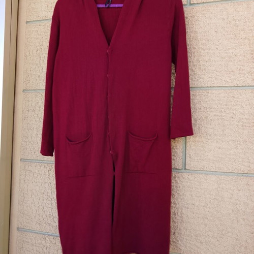 Viki Fashion long knitted women's cardigan with hood, buttons & pockets, burgundy