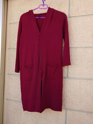 Viki Fashion long knitted women's cardigan with hood, buttons & pockets, burgundy