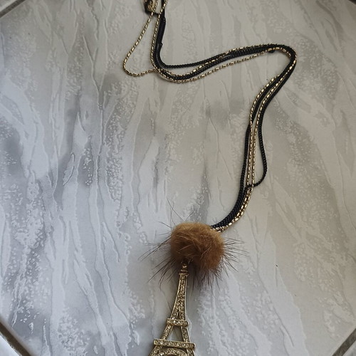 Necklace with Eiffel Tower and decorative fur pompom like new, black and gold