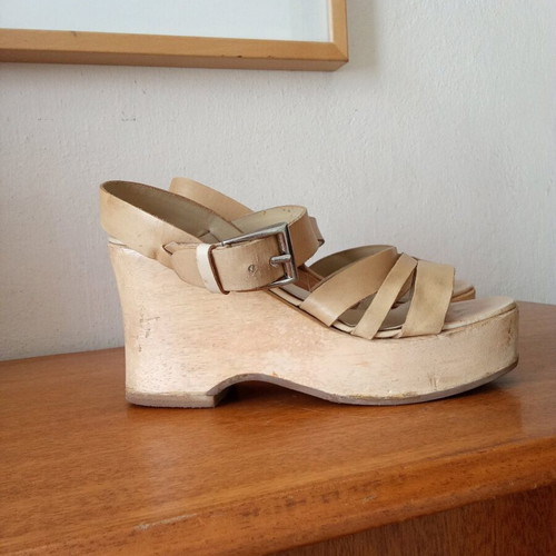 Ravel sandals used, leather straps and solid wood platform, size 38, beige