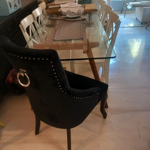 Velvet armchairs like new, one black and one beige with wooden legs