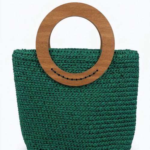 Handmade Crochet Green Forest Tote Bag new with wooden handles