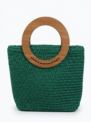 Handmade Crochet Green Forest Tote Bag new with wooden handles
