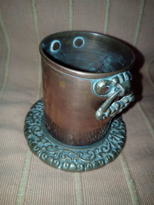 Copper cup used with embossed bronze base and handles