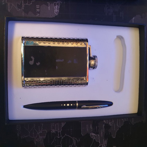 Gift set with flask and metal pen, new