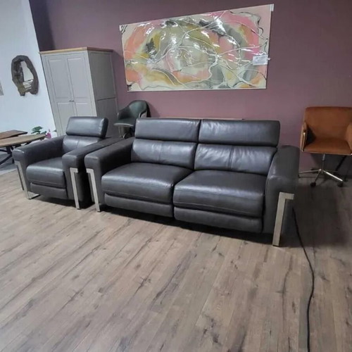 Moreno gray leather three-seater sofa and armchair with electric relax mechanism new