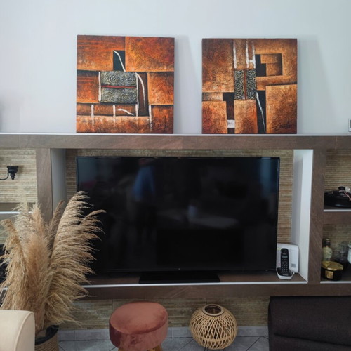 Set of 2 abstract textured paintings in earthy orange and brown tones