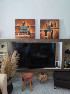 Set of 2 abstract textured paintings in earthy orange and brown tones