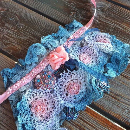 Handmade Lace Painted Blue and Pink Bracelet Cuff New