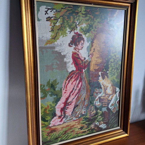 Textile painting with handmade embroidery like new, framed 82x61cm