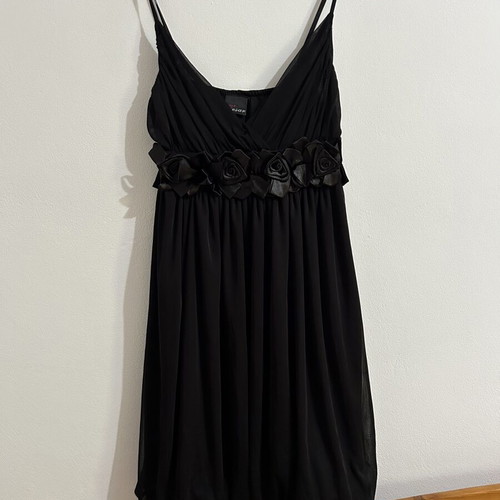 Vintage Style Black Chiffon Mini Dress with Satin Rosette Belt, Size M