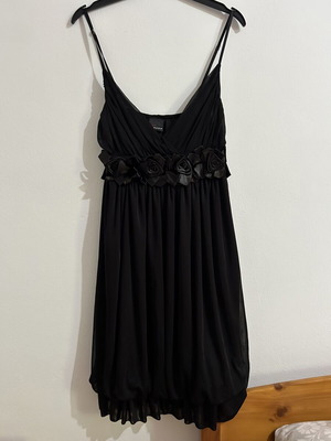 Vintage Style Black Chiffon Mini Dress with Satin Rosette Belt, Size M