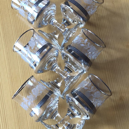 Vintage Dema wine or sherry glasses like new, engraved roses