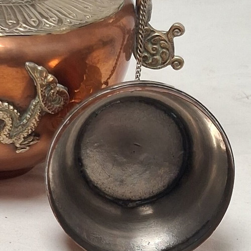 Vintage Tibetan Ewer Copper with Silver Dragon Motifs like new