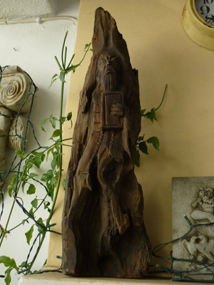 Oriental wooden monk figure used, vintage carved statue