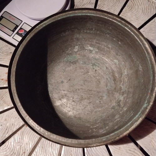 Handmade copper cooking vessel with lid used, vintage