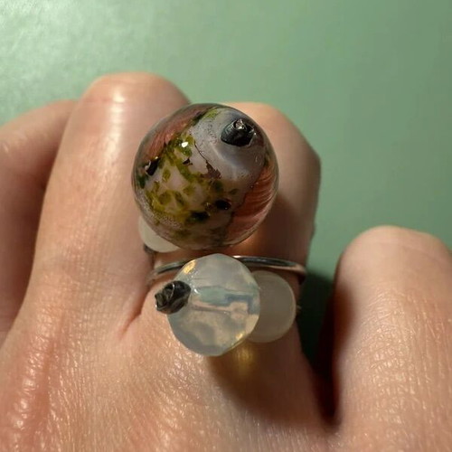 Murano glass and moonstone ring new, silver multicolor